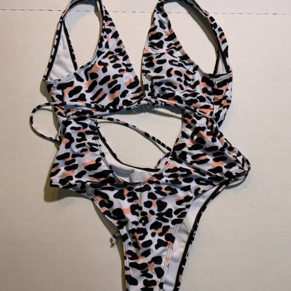 Womens Small Leopard Print Lace Up Monokini Low Back High Leg One Piece Swimwear
